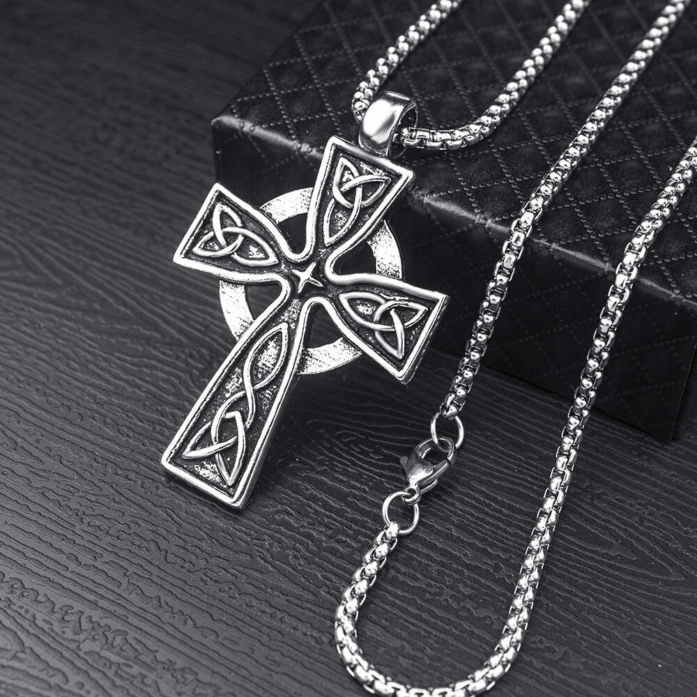 Wolf Tide Cross Jesus Pendant Hip Hop Necklace Antique Silver Color Titanium Steel Pendant Personality Collar Chain Valentine's Day Gift For Boyf