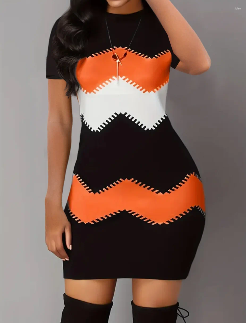 Casual Dresses Womens Slim Striped Printed High Waist Dress Spring And Summer 2024 Short Sleeve Round Neck Mini