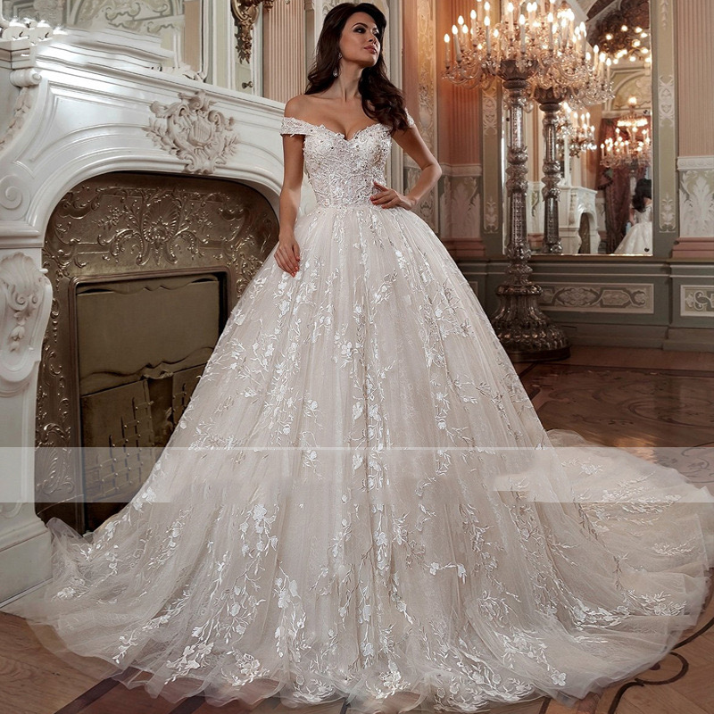 White Wedding Dresses Ivory Bridal Gowns A Line off shoulder Long Sleeve Tulle Applique Beaded Custom Zipper Lace Up Plus Size Robe Mariage vestido de