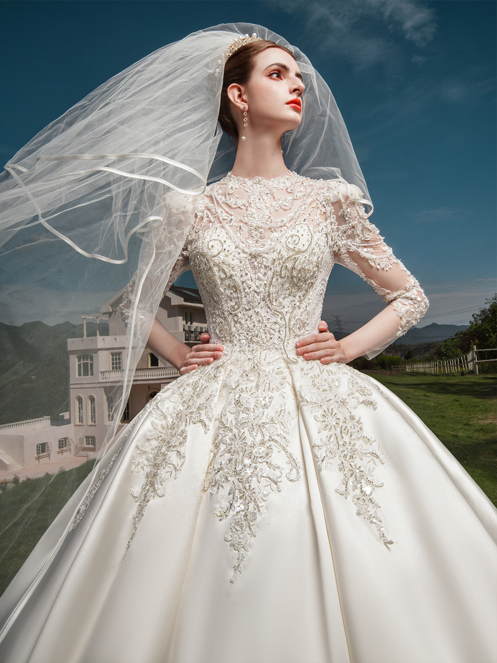 Lustrous Satin Beauty Ball Gown Wedding Dresses Beaded Pearls Embroidery Lace High Collar Ivory Shiny Beaded Princess Bridal Gowns