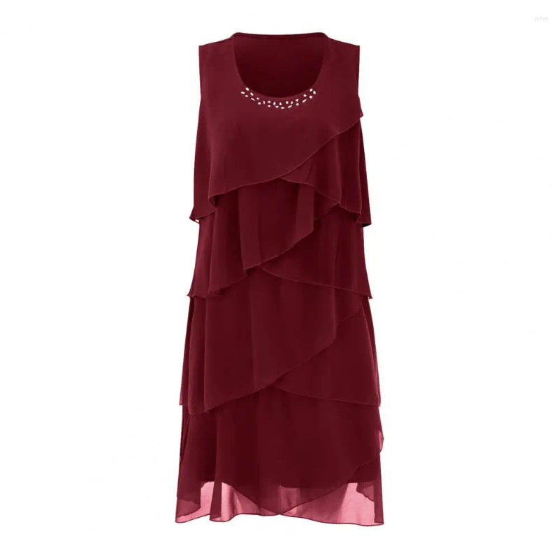 Casual Dresses Loose Fit Mini Dress Cake Chic Womens Layered Chiffon O-neck Sleeveless Sheath With For Summer