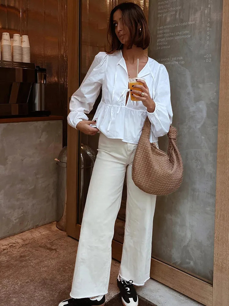 Solid Pleated Lace-Up Shirt: Lantern Sleeve Lapel Collar Top