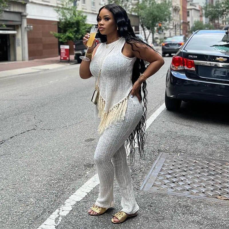 White Two Pieces Set Irregular Fringe Sleeveless Tops Pants Suit Casual Brunch Outfits Women Summer Clothes
