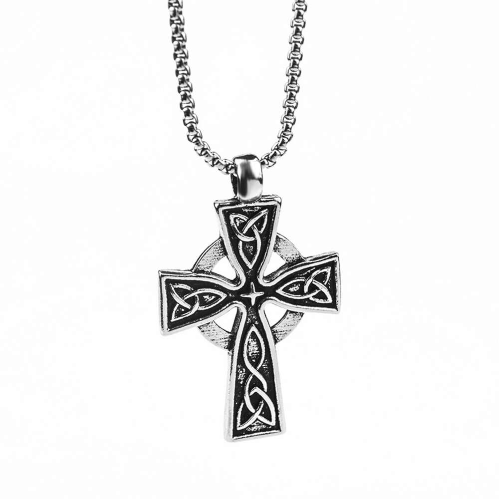 Wolf Tide Cross Jesus Pendant Hip Hop Necklace Antique Silver Color Titanium Steel Pendant Personality Collar Chain Valentine's Day Gift For Boyf
