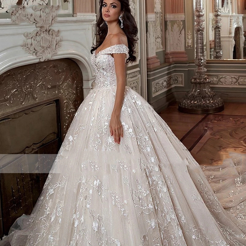 White Wedding Dresses Ivory Bridal Gowns A Line off shoulder Long Sleeve Tulle Applique Beaded Custom Zipper Lace Up Plus Size Robe Mariage vestido de