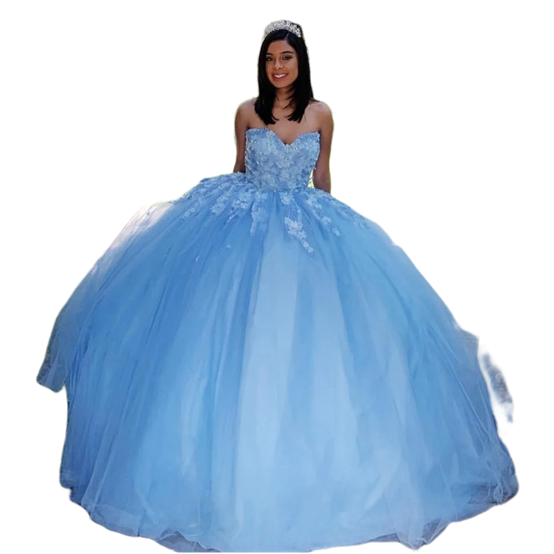 Princess 3D Flowers Quinceanera Dresses Floor Length Appliques Sweetheart Neck Long Light Sky Blue Tulle Ball Gown Special Occasion Gowns Sweet 16 Dre