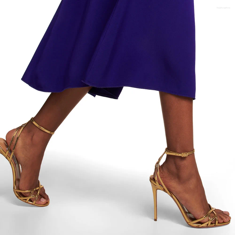 Sandals Gold Strappy Summer For Women 2024 Round Open Toe Stilettos Party High Heels Ladies Elegant Ankle Strap Large Size