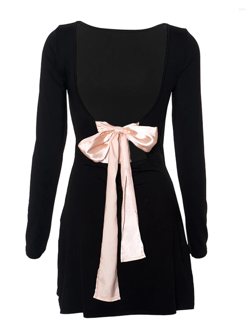 Casual Dresses Women Sexy Open Back Mini Dress Long Sleeve Bow Tie Up Bodycon Short Y2k Backless Party Club