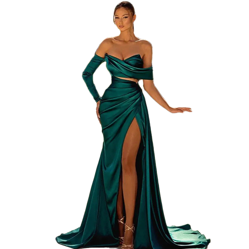 Sexy Mermaid Backless Long Prom Dresses Dark Green Satin Off Shoulder High Slit Evening Party Gowns Long Special Occasion Dress For Women