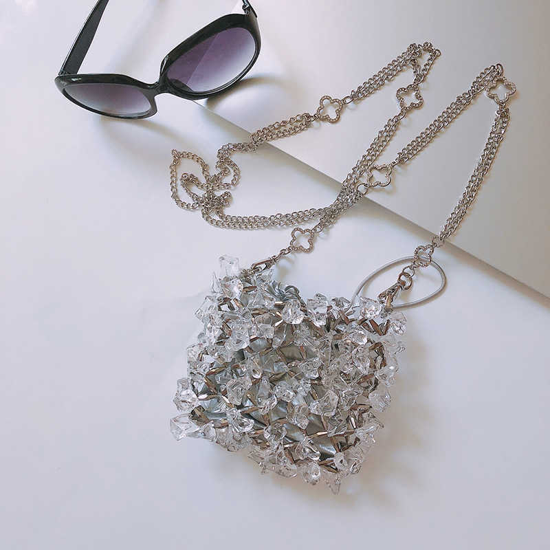 Shoulder Bags Illusionary Alien Crystal Chain Bag Handmade Beaded Small Body Transparent Fairy Phone 240427