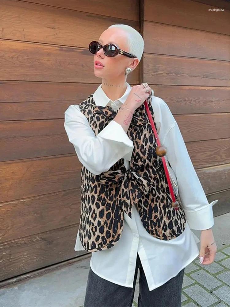 Women's Vests Leopard Print Bow Vest 2024 Spring Loose V-neck Lace Up Sleeveless Waistcoat Retro Chic Lady Office High Street Jacket