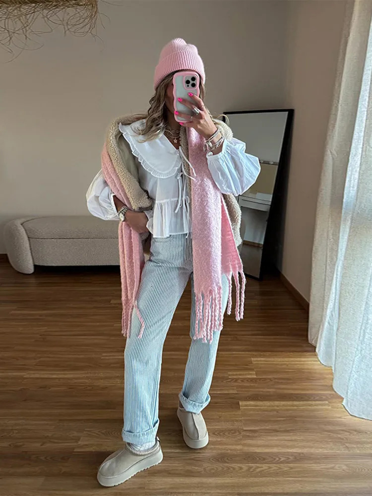 Solid Pleated Lace-Up Shirt: Lantern Sleeve Lapel Collar Top