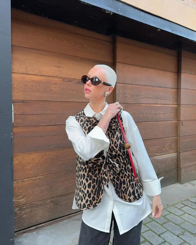 Leopard Print Lace Up Bow Vest Elegant V Neck Sleeveless Cropped Jacket For Women Chic Fashion Outwear