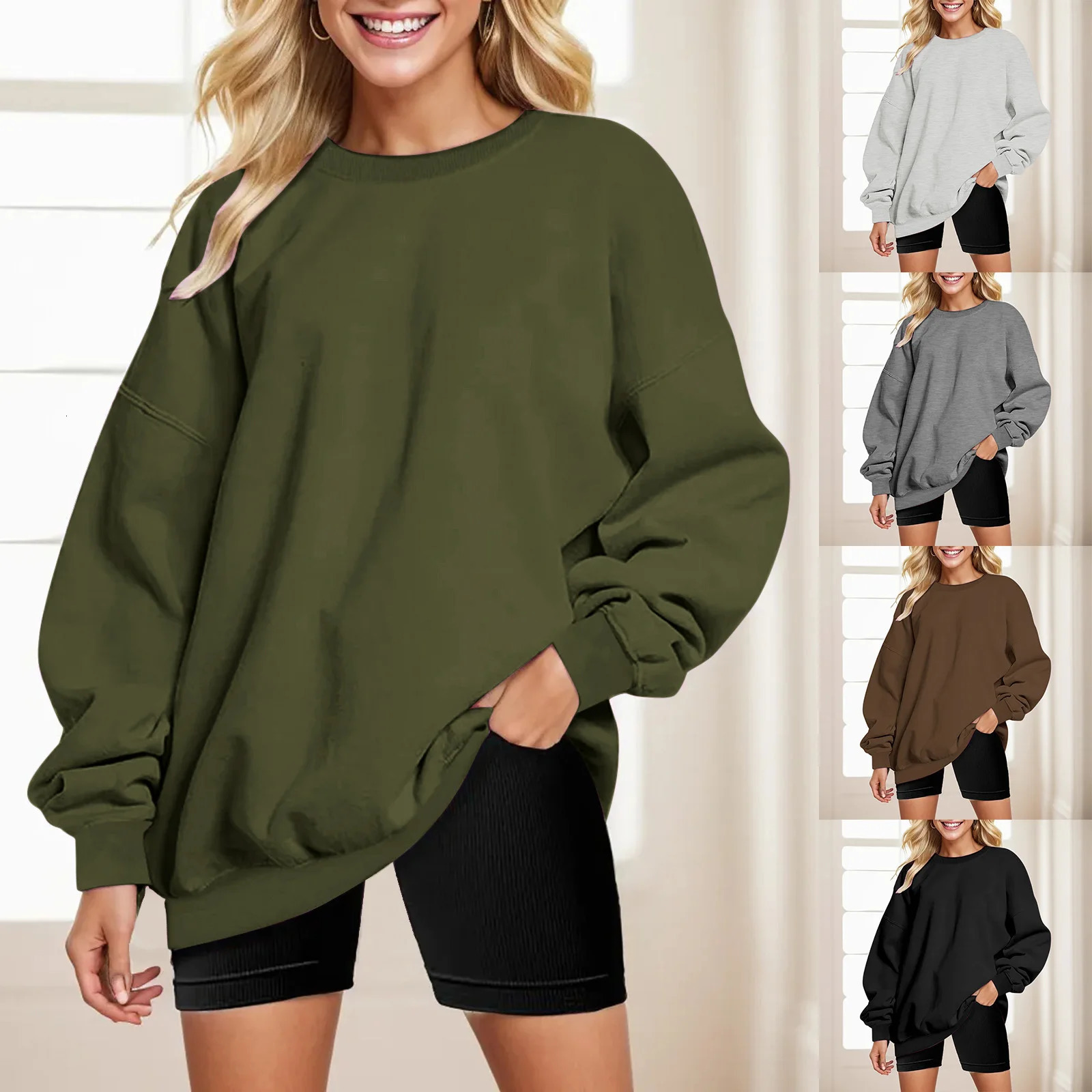 Oversized Sweatshirt For Women Korean Fashion Autumn Vintage Crew Neck Solid Sweatshirts Winter Warm Pullovers 240226