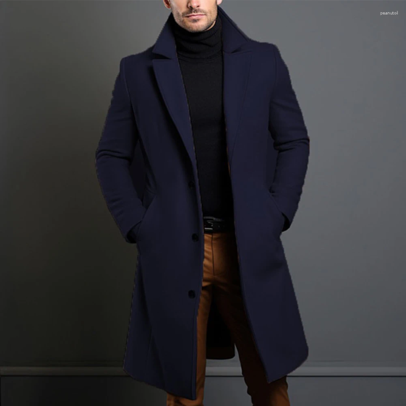 Men's Trench Coats Atutumn Winter Long Warm Wool Coat For Men Solid Color Single Breasted Blends-Overcoat Tops Clothing