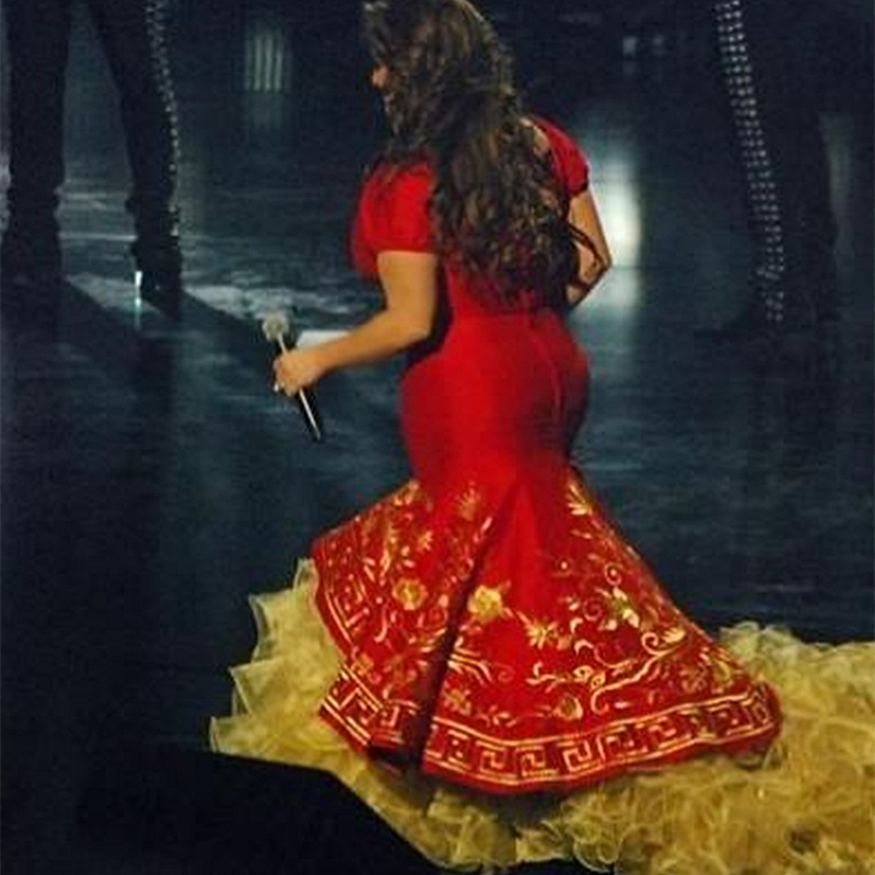Mexican Red And Gold Mermaid Prom Dresses Ruffles Tiered Long Luxury Celebrity Party Gowns Embroidery V-Neck Sexy Long Formal Evening Dress Plus Size 