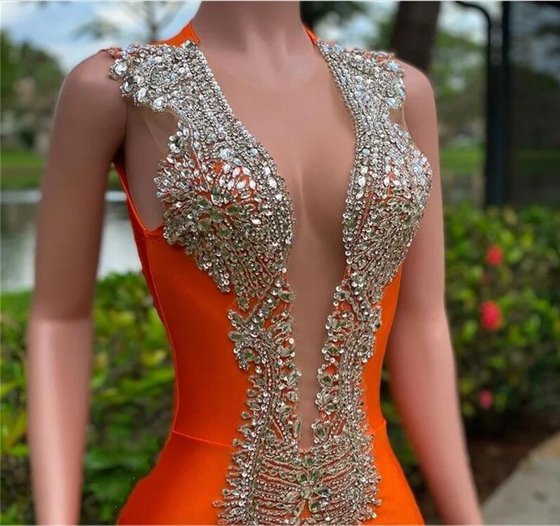 Orange Red Mermaid Long Prom Dresses For Black Girls Beaded Crystals Rhie Deep V Neck Evening Dress Formal Open Back Sleeveless Party Gowns Bc15130 02
