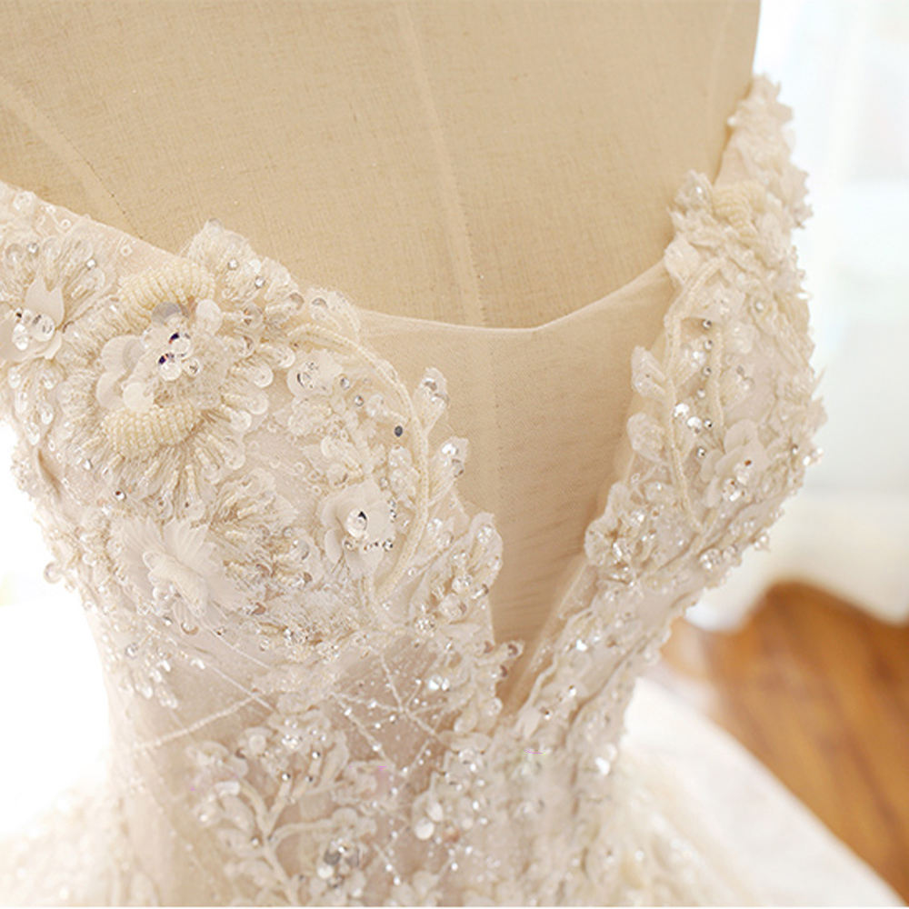 Elegant Lace Boat Neck A-Line Wedding Dress Shiny Beading Embroidery Lace Court Train Handmade Off Shoulder Sleeves Bridal Gowns can customize
