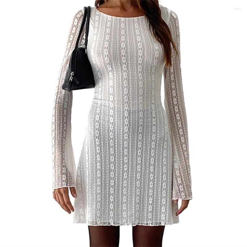Casual Dresses Elegant White Lace Floral Mini Dress Spring Summer Women Ladies Flare Long Sleeve O Neck A-Line Party For Office Street