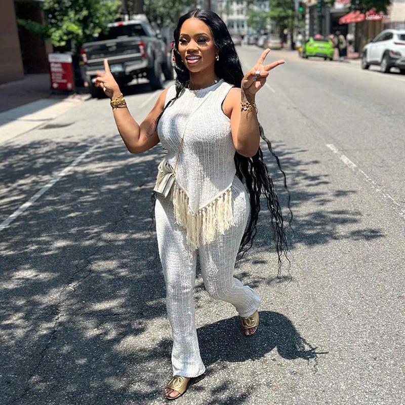 White Two Pieces Set Irregular Fringe Sleeveless Tops Pants Suit Casual Brunch Outfits Women Summer Clothes