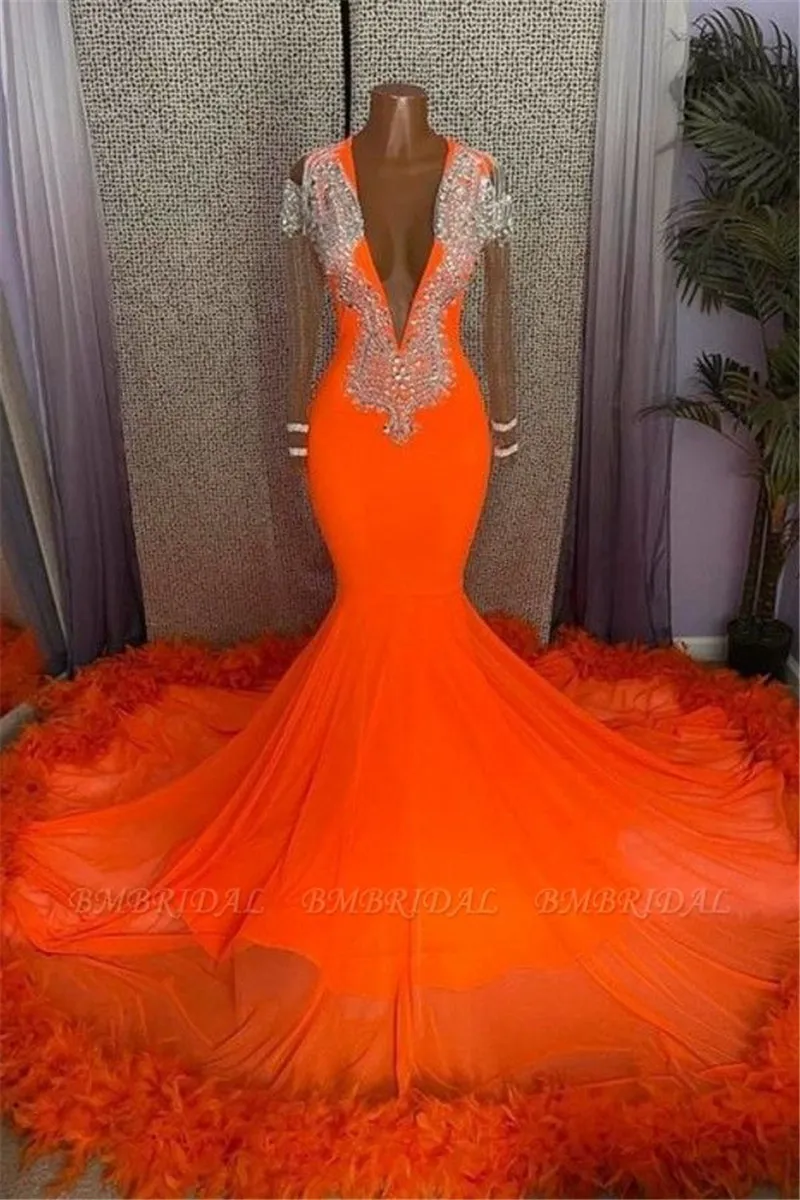 Prom Burnt Orange Dresses Sexy Deep V Neck Sheer Long Sleeves Appliques Beads Evening Mermaid Feather Formal Party Gowns For African Black Girls BC