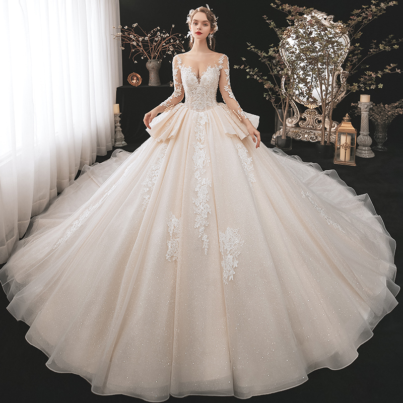 Elegant Ruffled skirt Full Sleeves Scoop Neck Ball Gown Wedding Dress Shiny Tulle Beading Appliques Lace chapel Train Handmade Bridal Gowns can custom