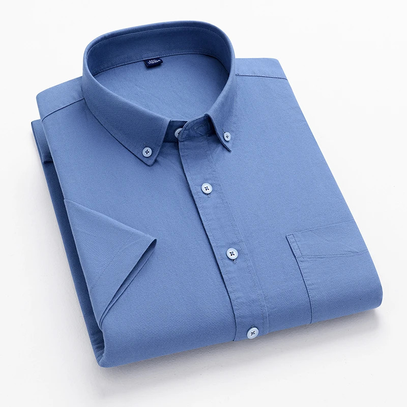 Mens Striped Fashion Short Sleeve 100% Cotton Oxford Plaid Business Button Down Regular Fit Office Shirt Man Clothing 240219
