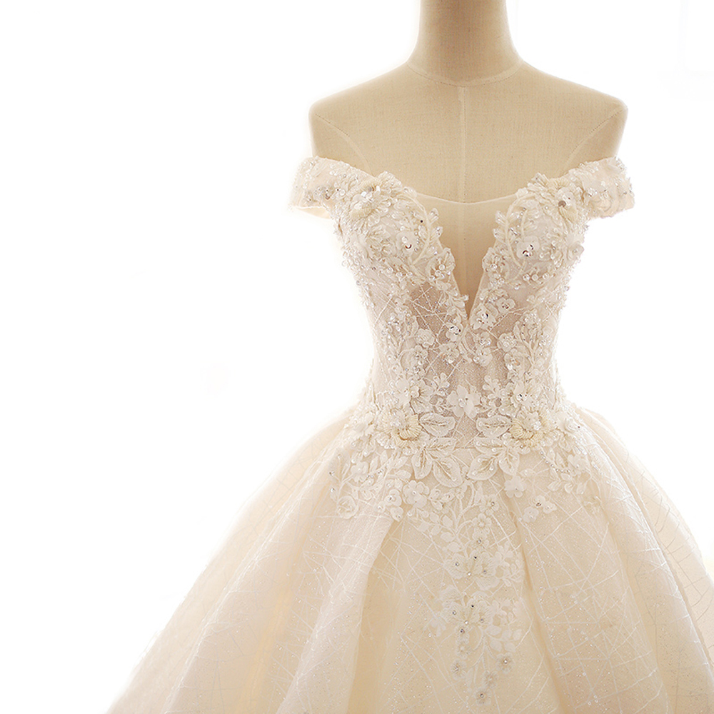 Elegant Lace Boat Neck A-Line Wedding Dress Shiny Beading Embroidery Lace Court Train Handmade Off Shoulder Sleeves Bridal Gowns can customize