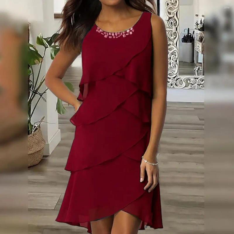 Casual Dresses Loose Fit Mini Dress Cake Chic Womens Layered Chiffon O-neck Sleeveless Sheath With For Summer