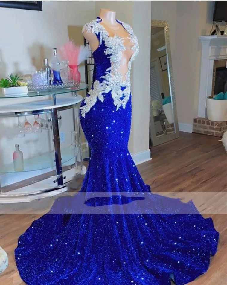 Sparkly Royal Blue Long Prom For Black Girls Sheer Sequins Birthday Party Dresses African Mermaid Evening Gown Robe