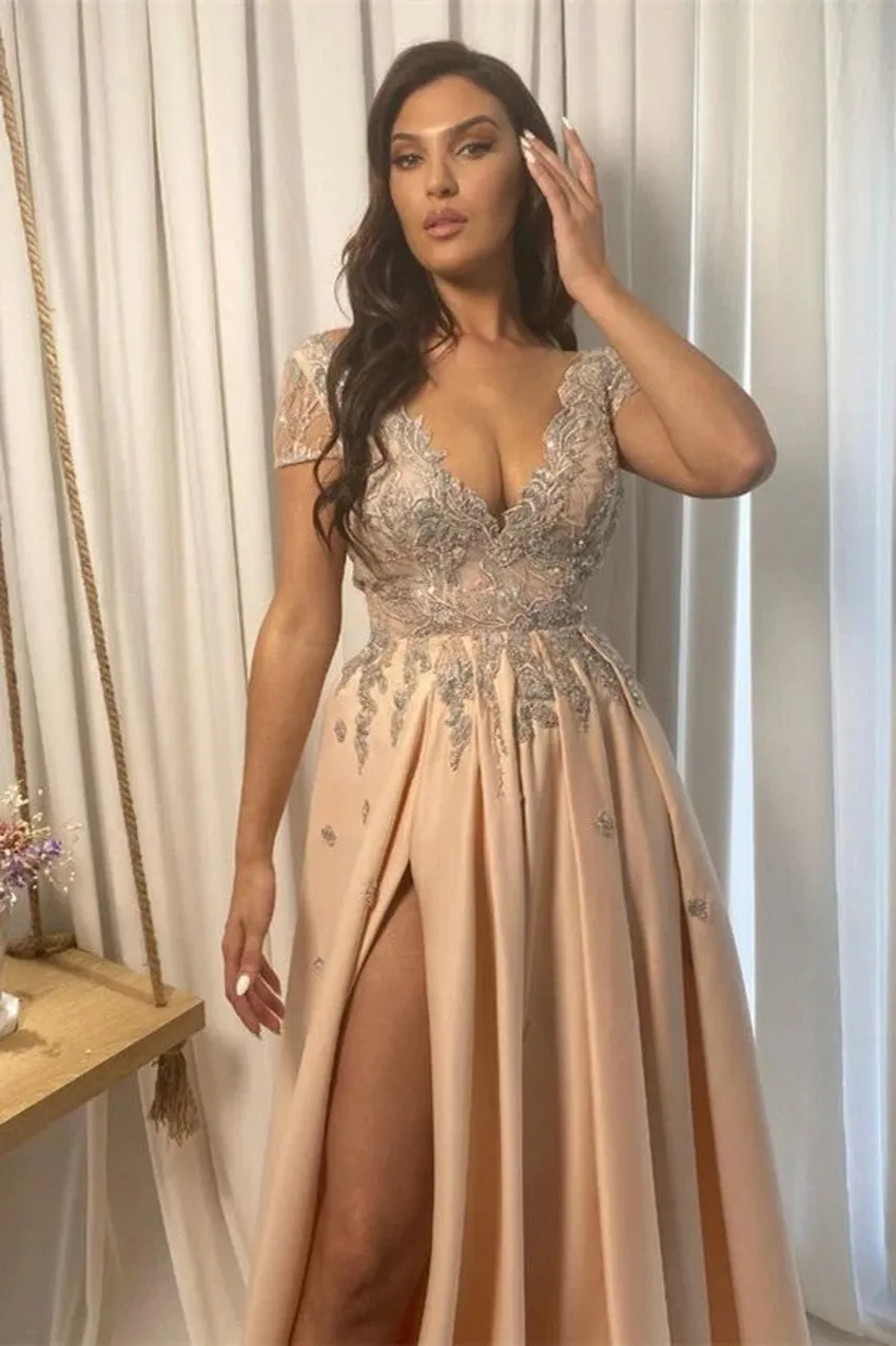 A Champagne E Split Evening Dresses V Neck Lace Applique Cap Sleeve Beads Or Length Prom Dress Formal Party Gowns
