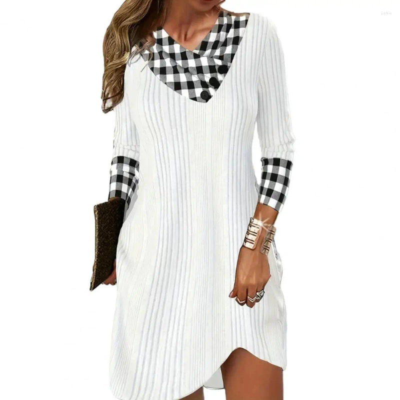 Casual Dresses Women Mini Dress Fall Plaid Print V Neck Winter Colorful Patchwork Loose Fit Soft Warm Ladys