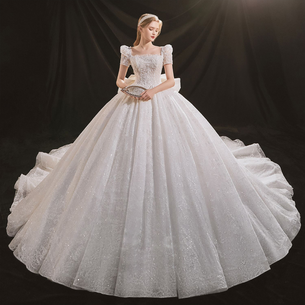 Beautiful Floral Prints Shorts puff Sleeves Square Collar Ball Gown Wedding Dress Shiny Embroidery Lace chapel Train Beading Pearls Bridal Gowns With 