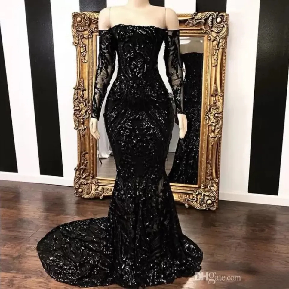 Off The Shoulder Mermaid Prom Dresses Vintage Black Long Sleeve Sweep Strain Sequined Formal Evening Dress Party Gown BC