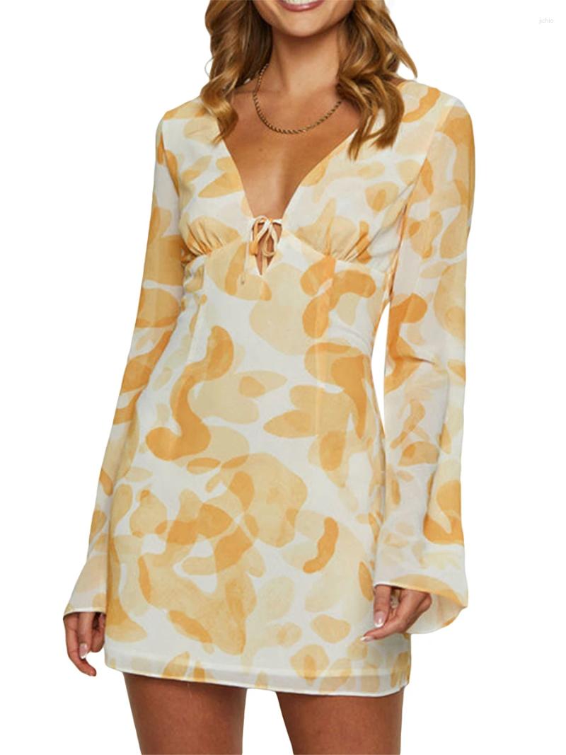 Casual Dresses Women Mini Dress Long Sleeve V Neck Tie-up Print Slim Fit Party Fall