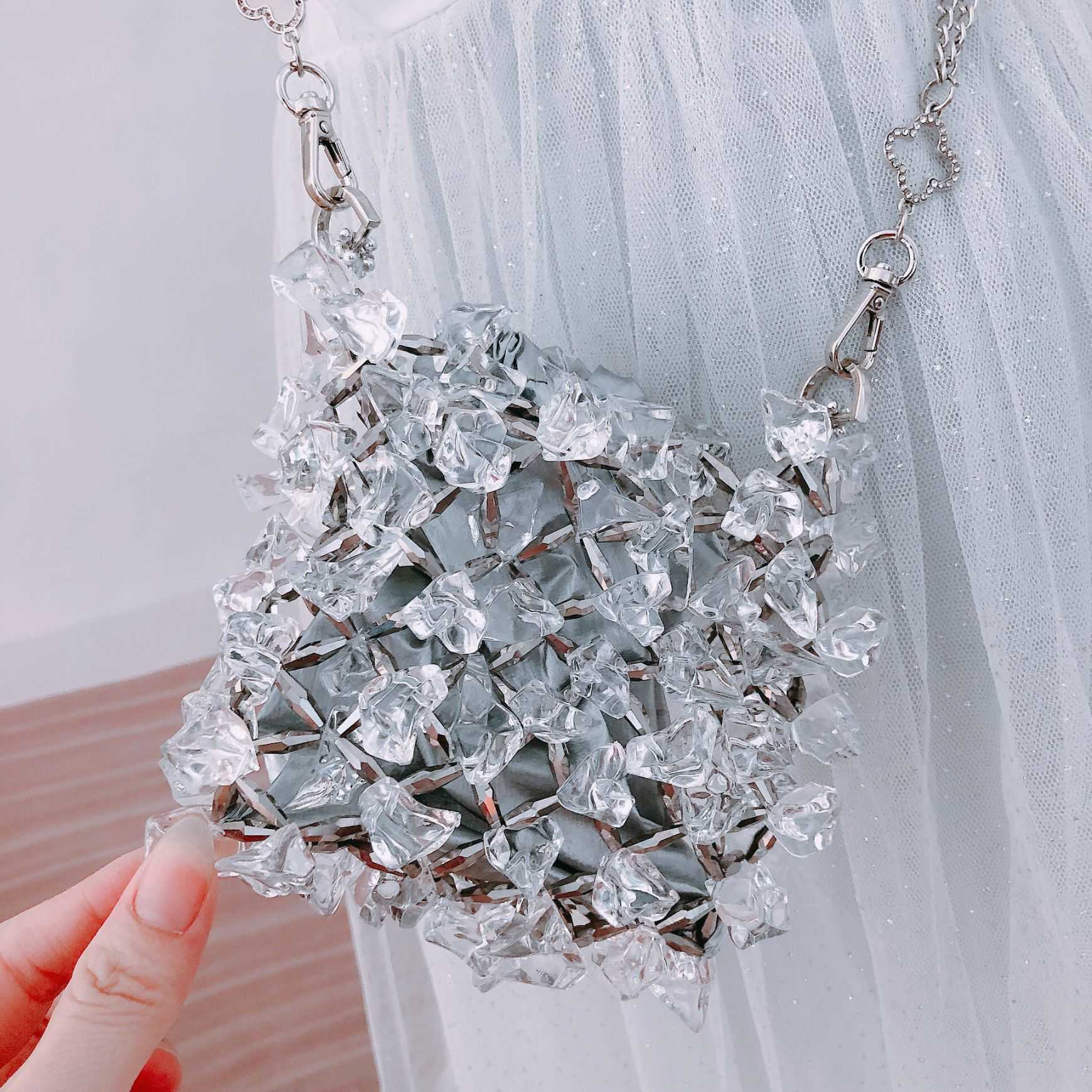 Shoulder Bags Illusionary Alien Crystal Chain Bag Handmade Beaded Small Body Transparent Fairy Phone 240427