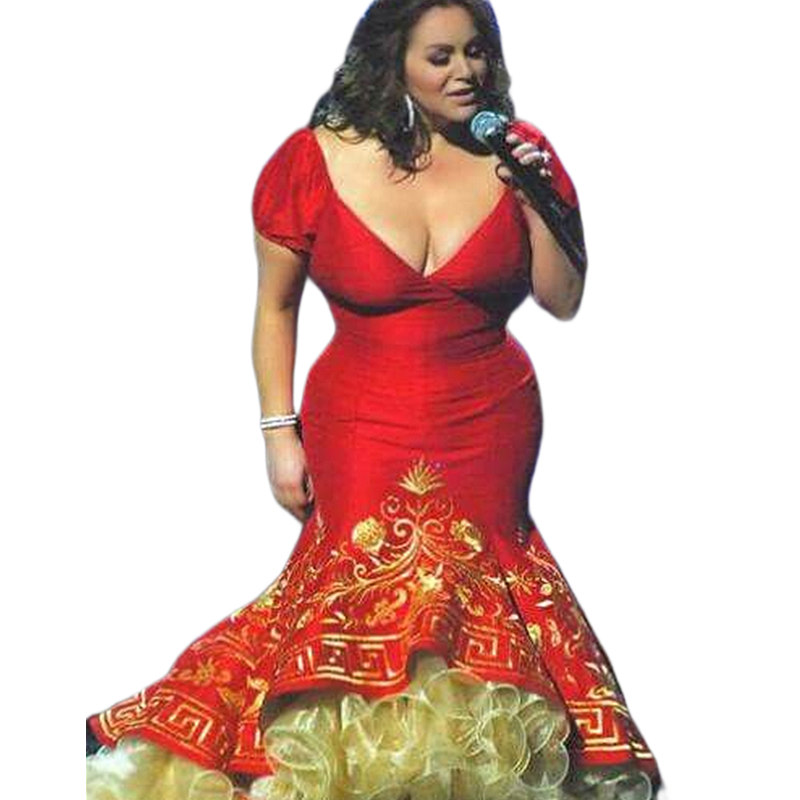Mexican Red And Gold Mermaid Prom Dresses Ruffles Tiered Long Luxury Celebrity Party Gowns Embroidery V-Neck Sexy Long Formal Evening Dress Plus Size 