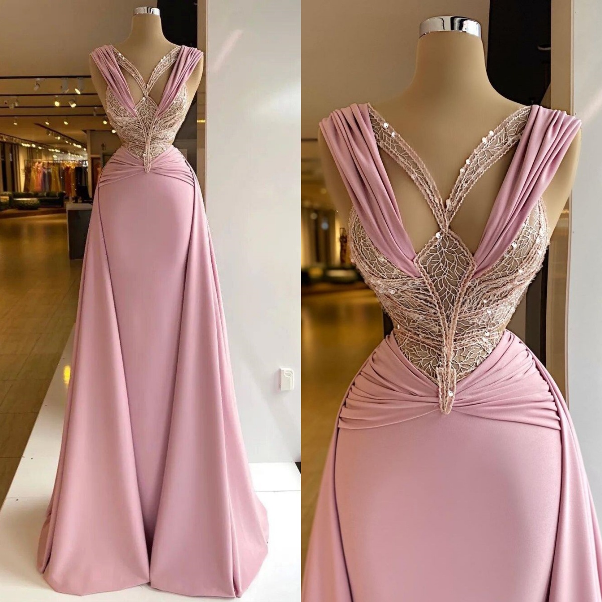 Evening Simple Lace Sequins Mermaid Prom Dress Detachable Train Sleeveless Formal Party Dresses Custom Made Es