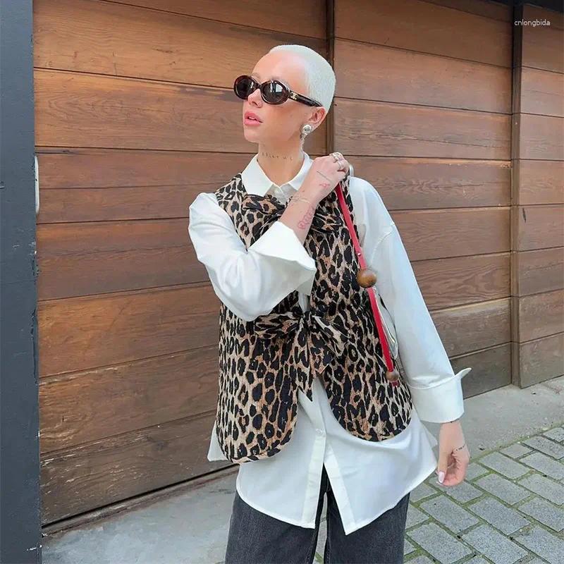 Women's Vests Leopard Print Bow Vest 2024 Spring Loose V-neck Lace Up Sleeveless Waistcoat Retro Chic Lady Office High Street Jacket