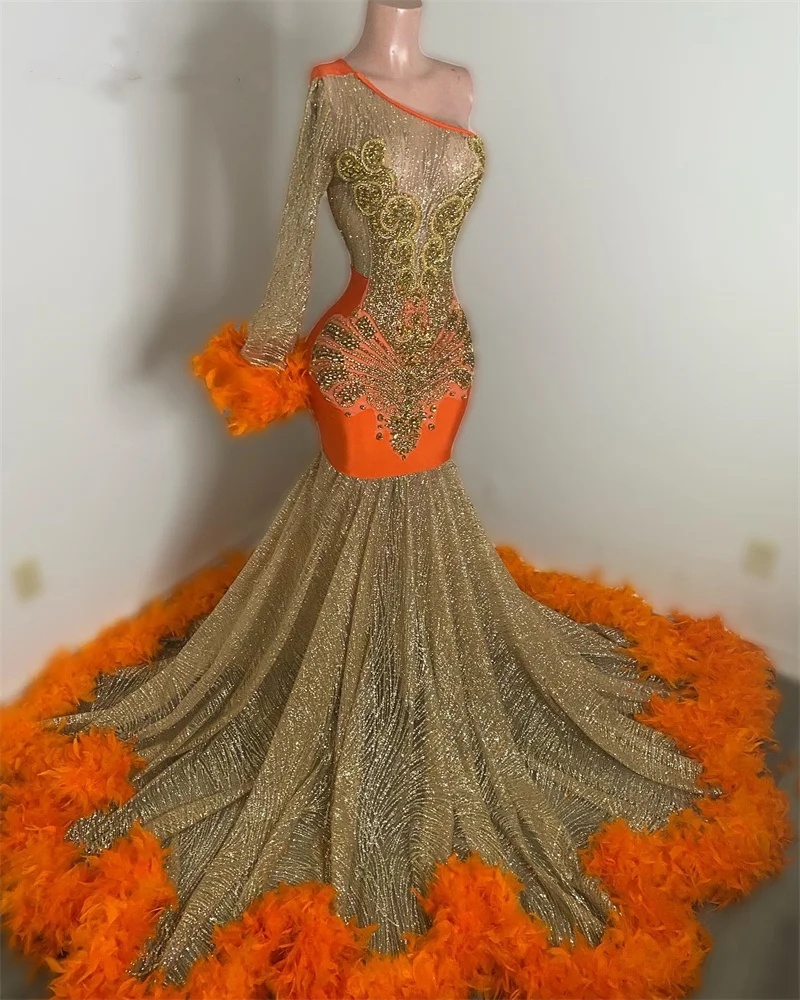 Shiny Orange Lace Prom Dresses Sexy One Shoulder Plus Size Beads Feathers Gown Birthday Party Evening Gowns