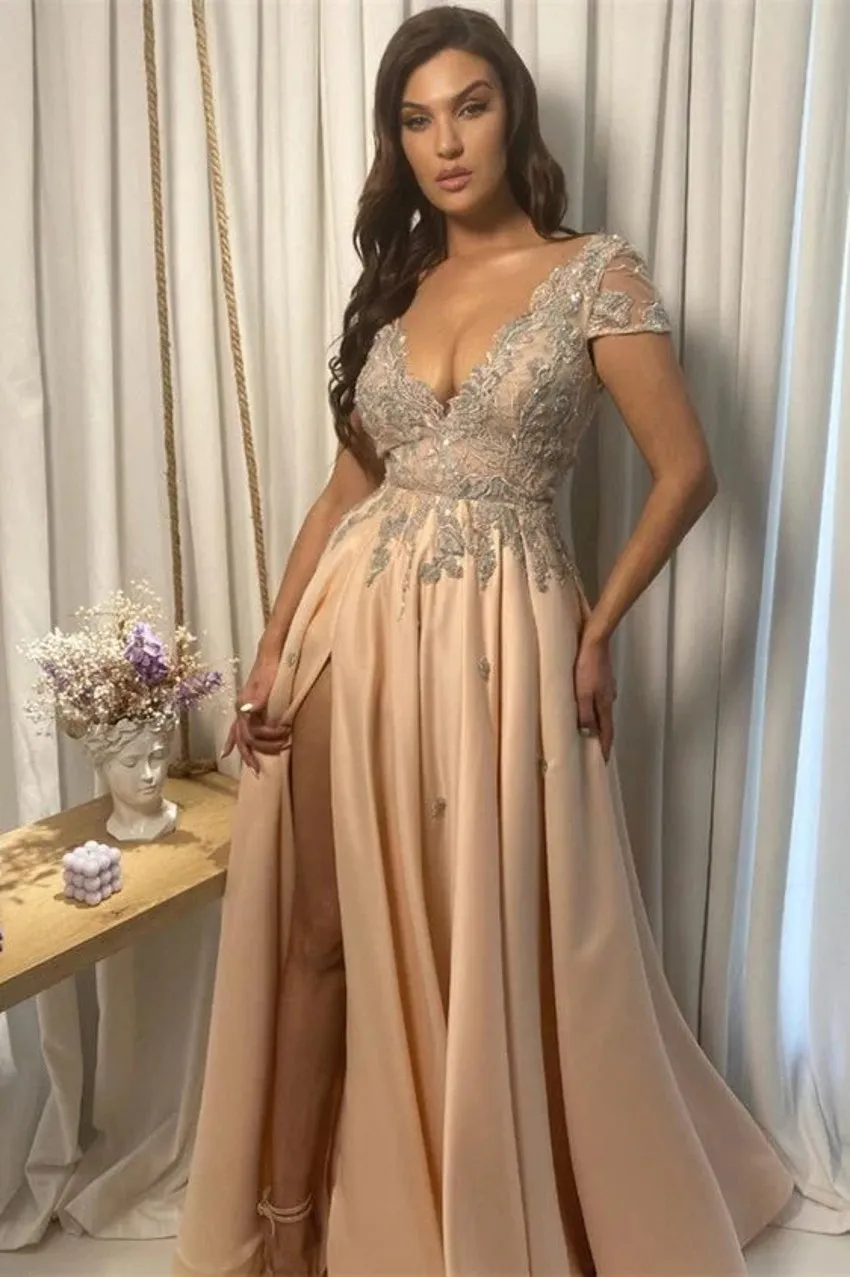 A Champagne E Split Evening Dresses V Neck Lace Applique Cap Sleeve Beads Or Length Prom Dress Formal Party Gowns