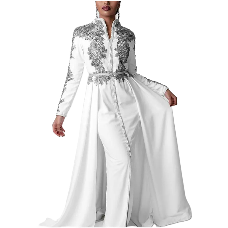 Elegant Arabic Dubai White Evening Dresses With Detachable Skirt Gray Lace Appliques Sheath Long Sleeves Satin Prom Dress 2024 Formal Occasion Gowns F