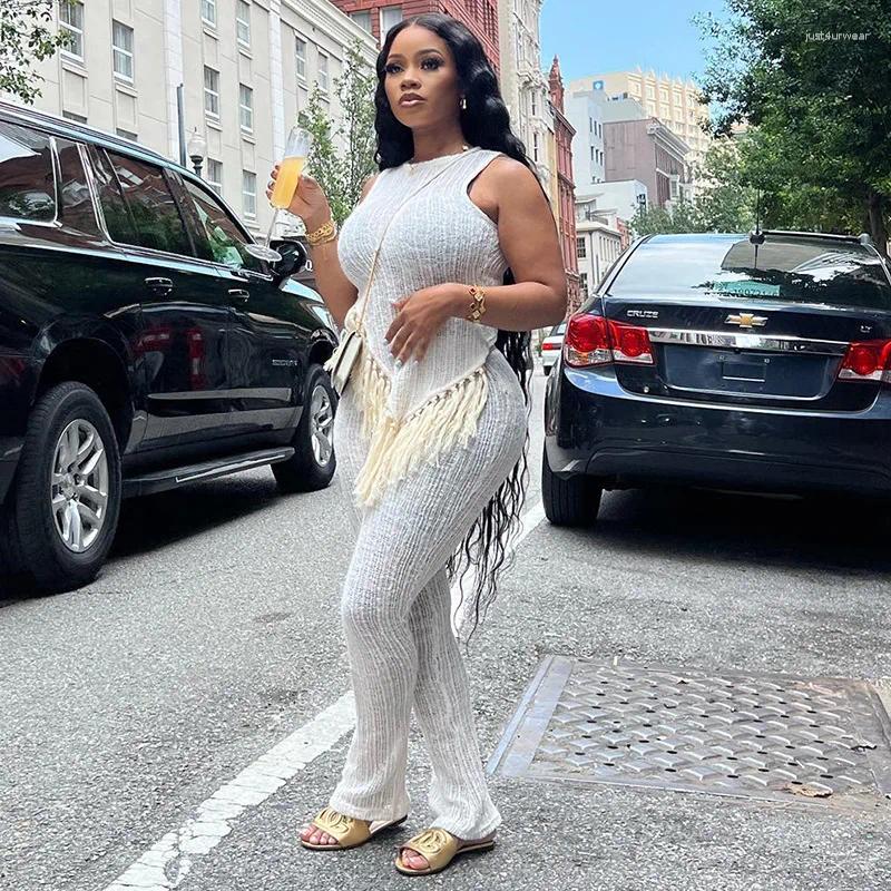 White Two Pieces Set Irregular Fringe Sleeveless Tops Pants Suit Casual Brunch Outfits Women Summer Clothes