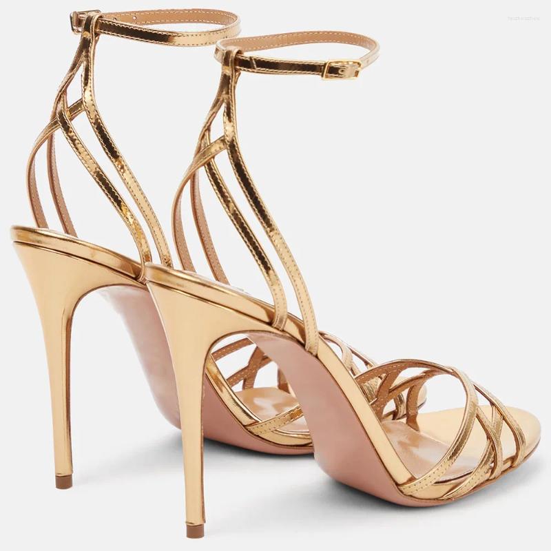Sandals Gold Strappy Summer For Women 2024 Round Open Toe Stilettos Party High Heels Ladies Elegant Ankle Strap Large Size