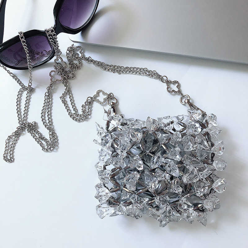 Shoulder Bags Illusionary Alien Crystal Chain Bag Handmade Beaded Small Body Transparent Fairy Phone 240427