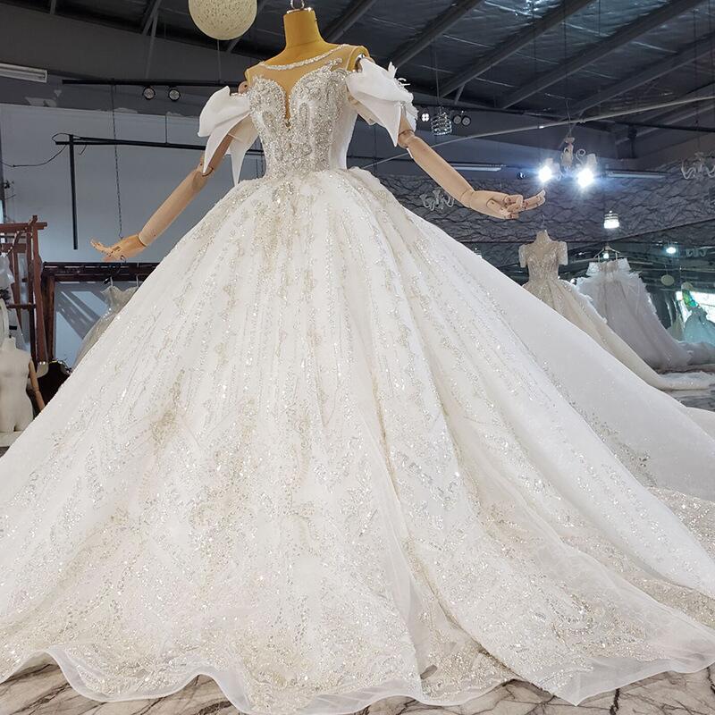 Modern Shine Pearls A-e Wedding Jewel 3D-Lace Ball Gown Plus Sweep Train Bridal Gowns Dress Vestido De Novia Size Color Customized