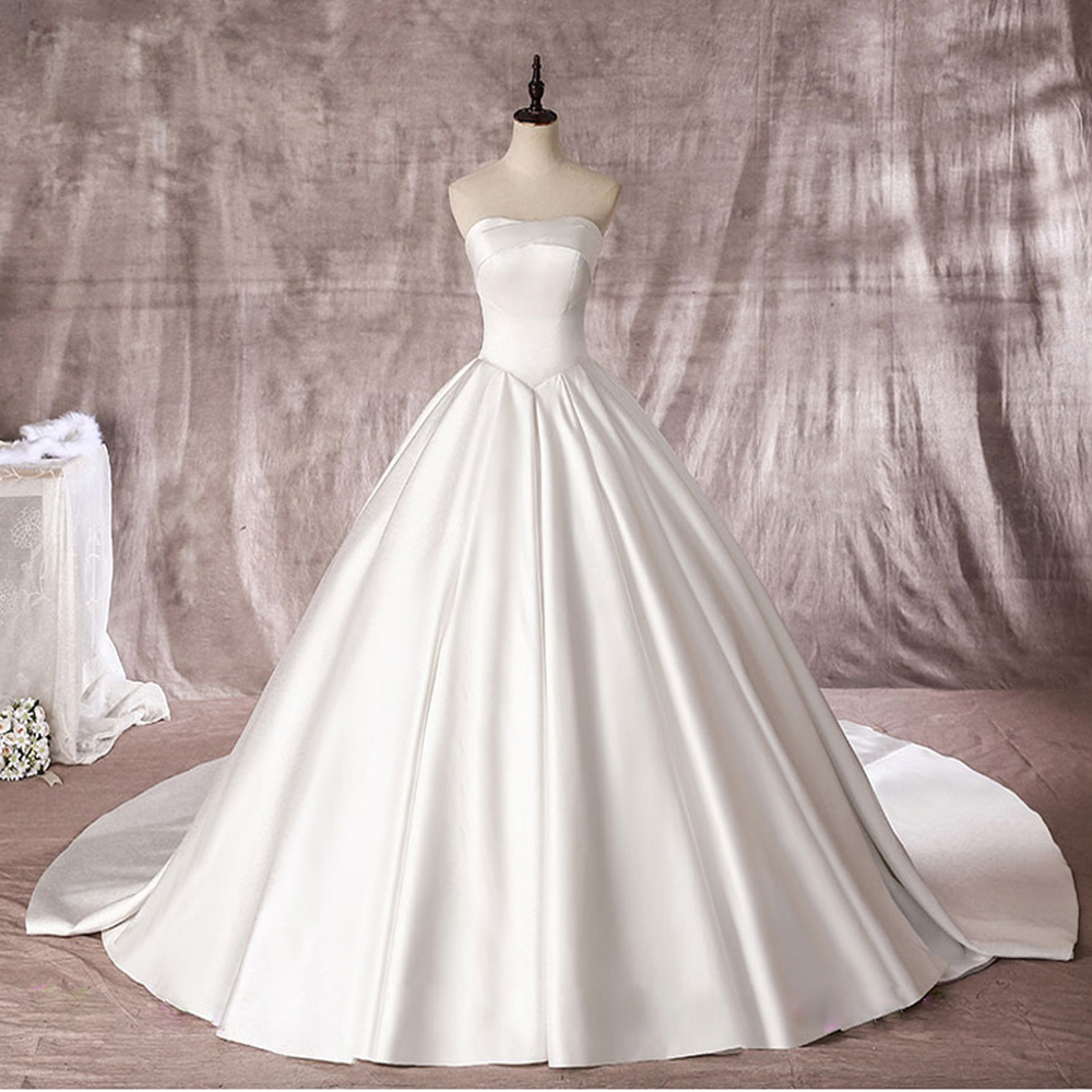 Lustrous Satin Simple A-Line Wedding Dresses Ivory Shiny Off Shoulder Sleeveless Princess Bridal Gowns Lace Up