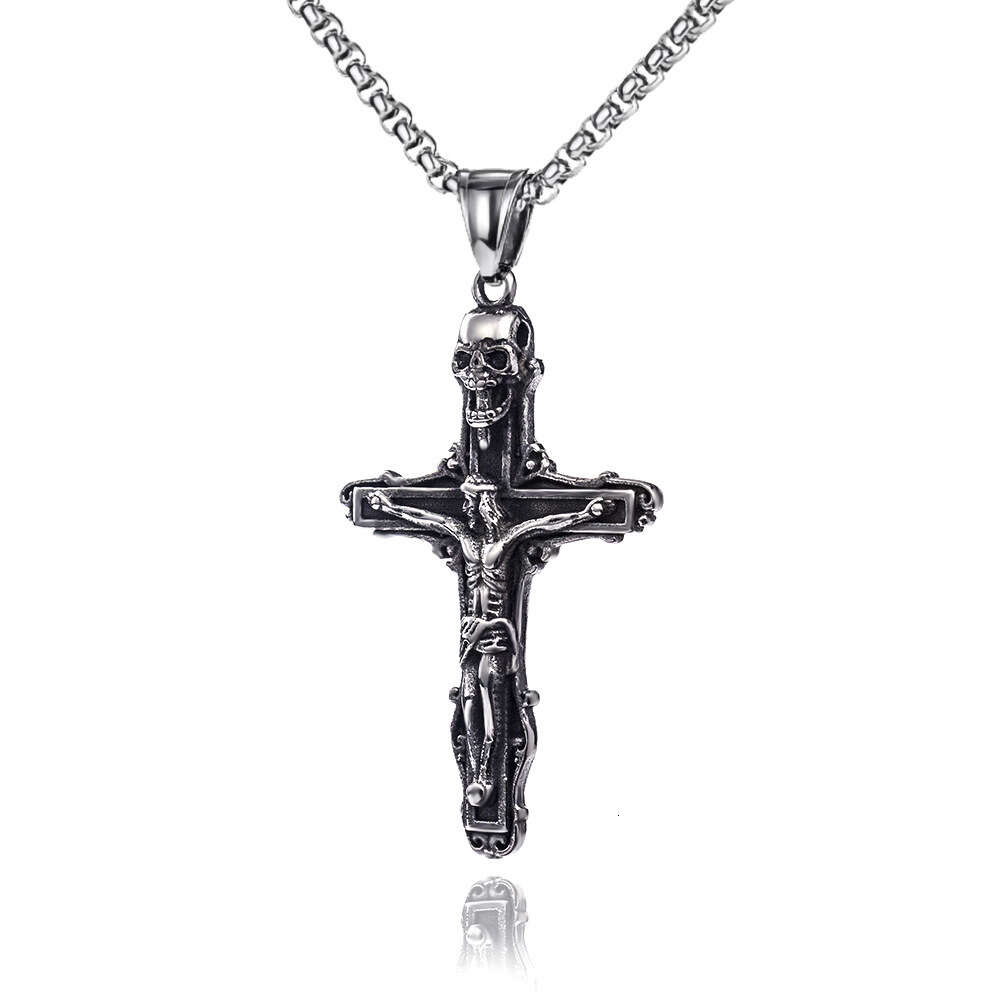 Wolf Tide Cross Jesus Pendant Hip Hop Necklace Antique Silver Color Titanium Steel Pendant Personality Collar Chain Valentine's Day Gift For Boyf
