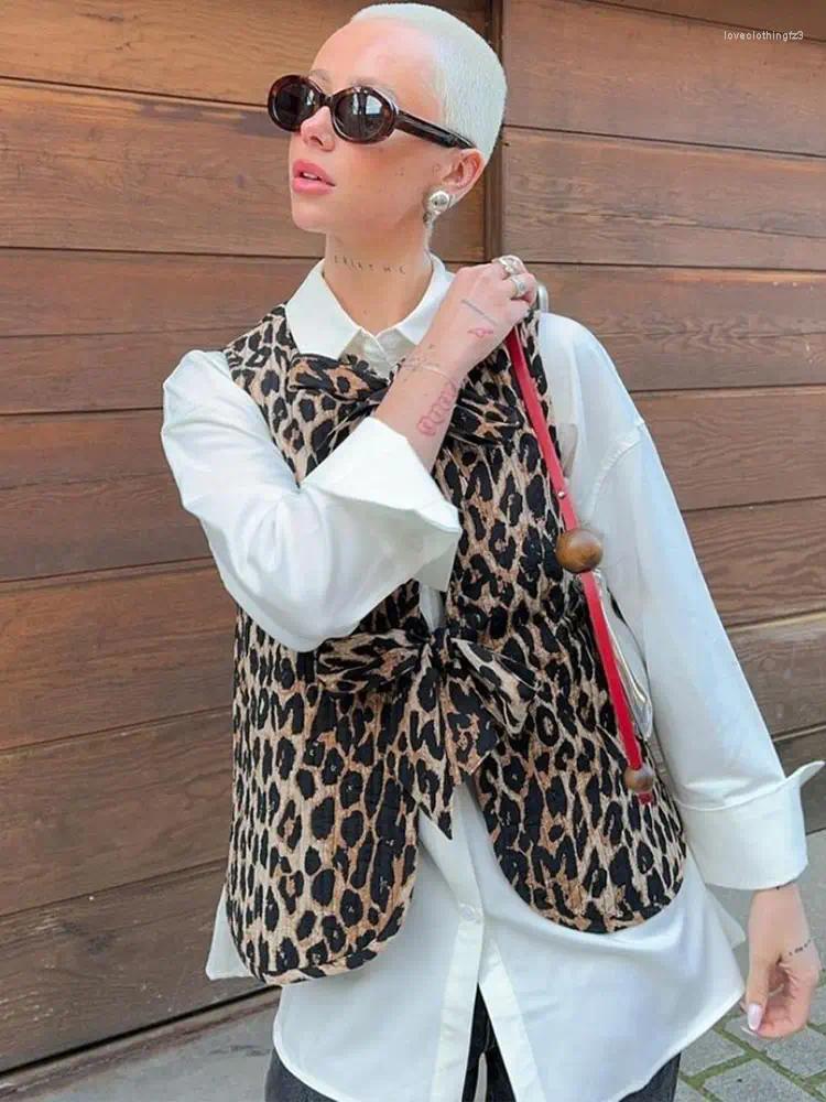 Leopard Print Lace Up Bow Vest Elegant V Neck Sleeveless Cropped Jacket For Women Chic Fashion Outwear