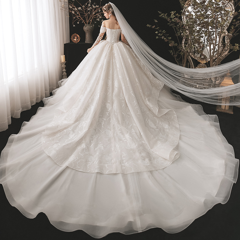 Elegant Ruffled skirt Shorts Sleeves Scoop Neck Ball Gown Wedding Dress Silky Tulle Beading Lace chapel Train Beading Pearls Bridal Gowns